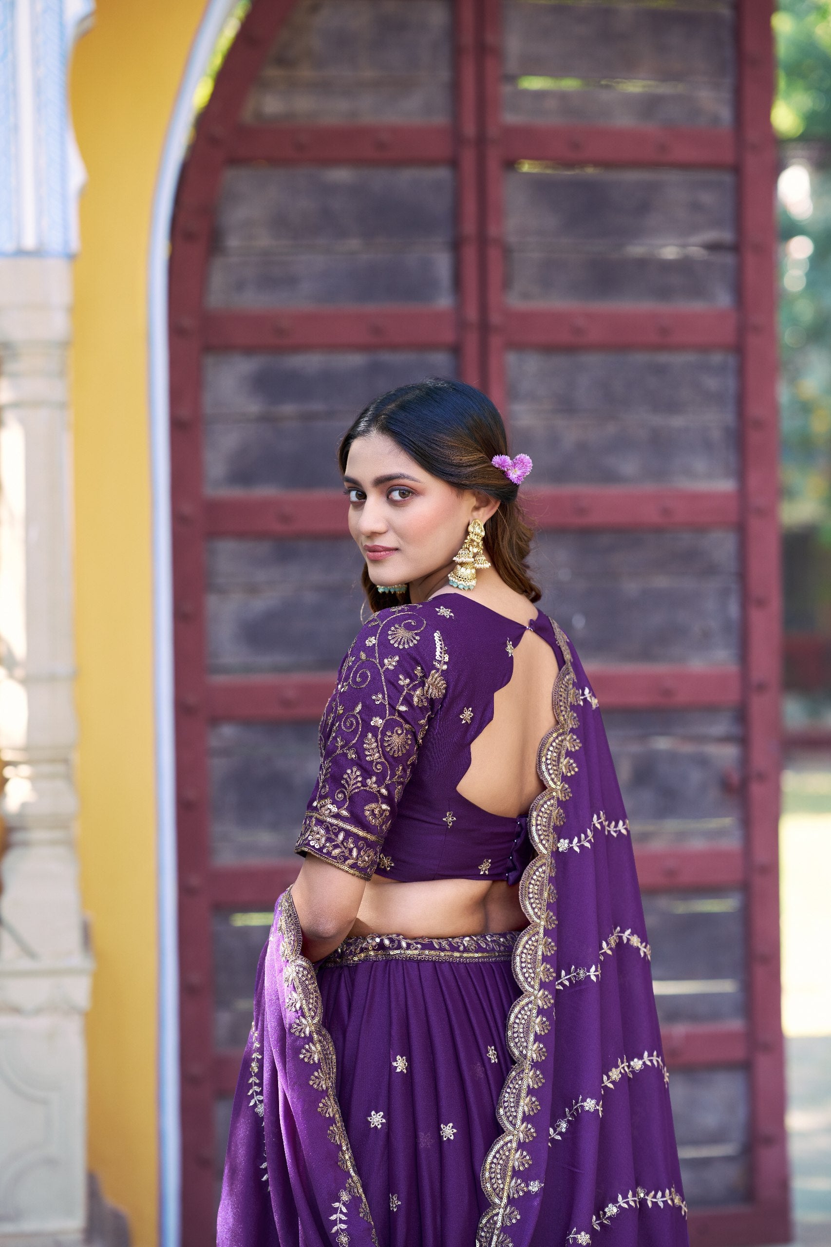 Royal Purple Star Georgette Designer Lehenga Choli with Zari, Sequins & Resham Embroidery