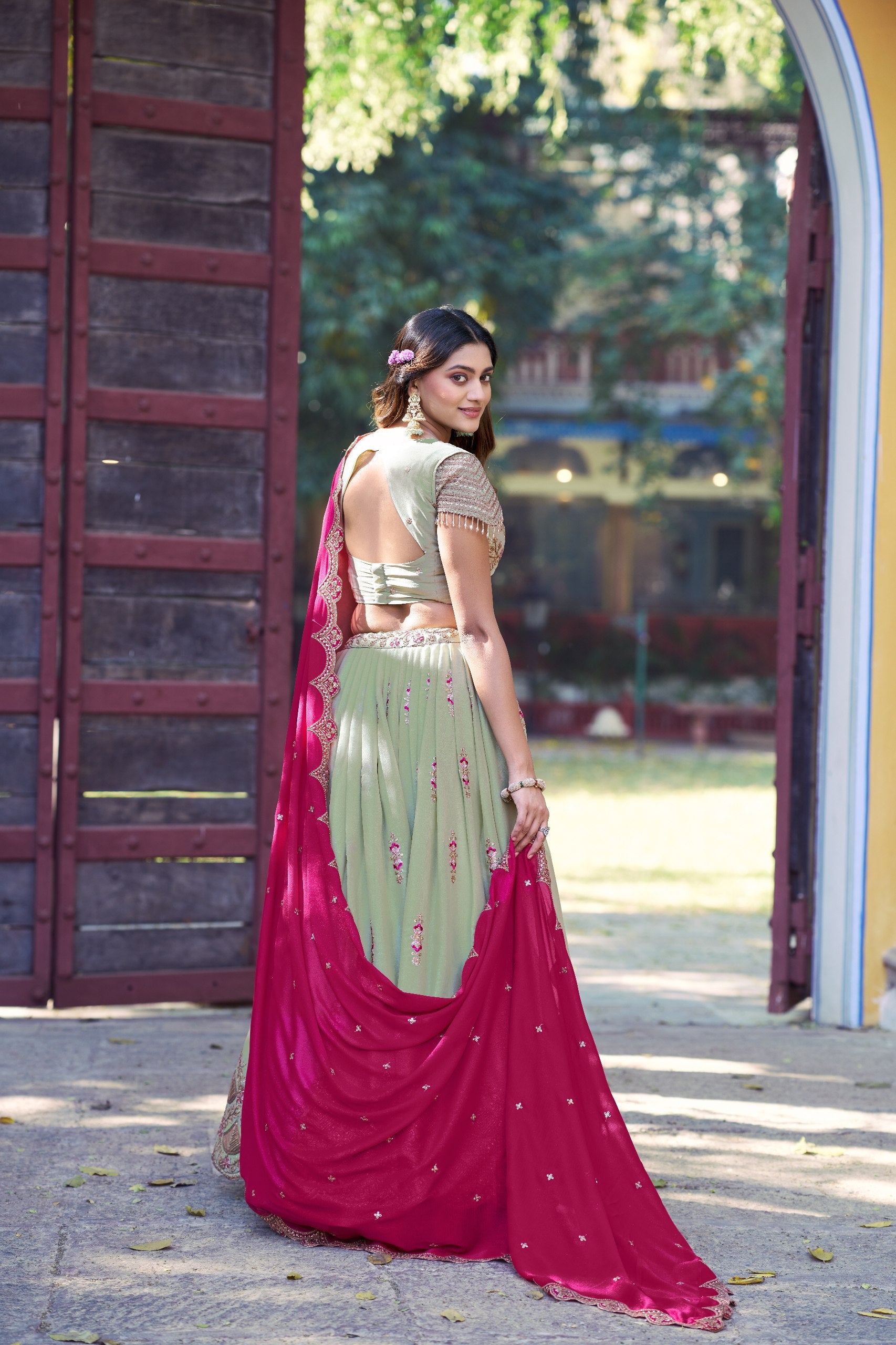 Sage Green Designer Star Georgette Lehenga Choli with Zari, Sequins & Resham Embroidery