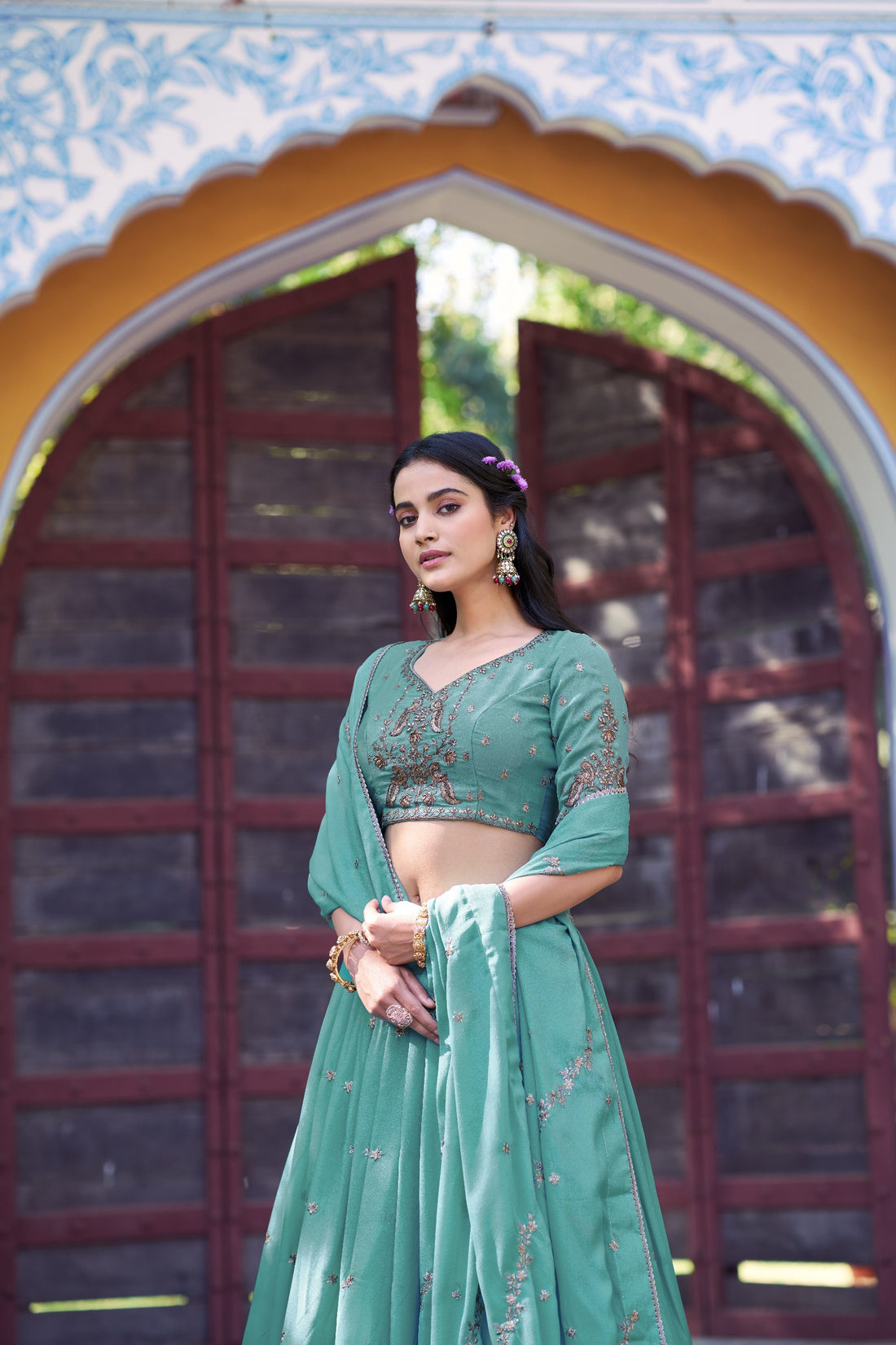 Sea Green Star Georgette Designer Lehenga Choli with Zari, Sequins & Resham Embroidery