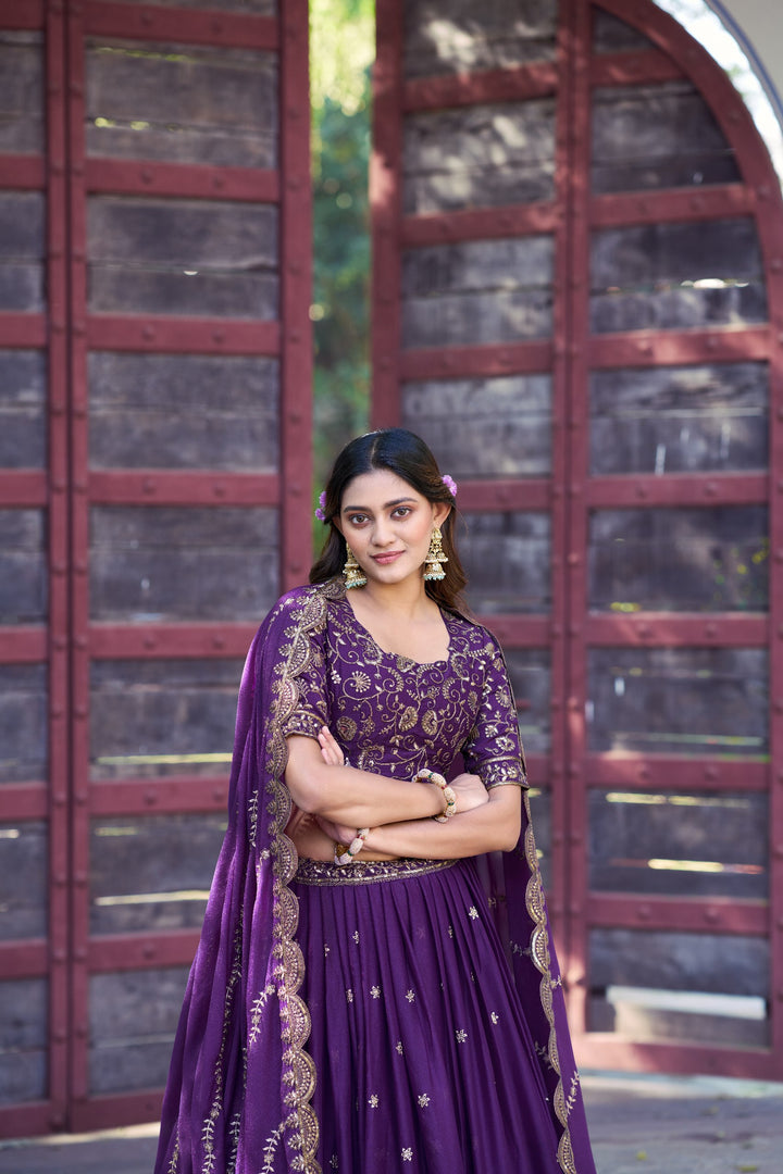 Royal Purple Star Georgette Designer Lehenga Choli with Zari, Sequins & Resham Embroidery
