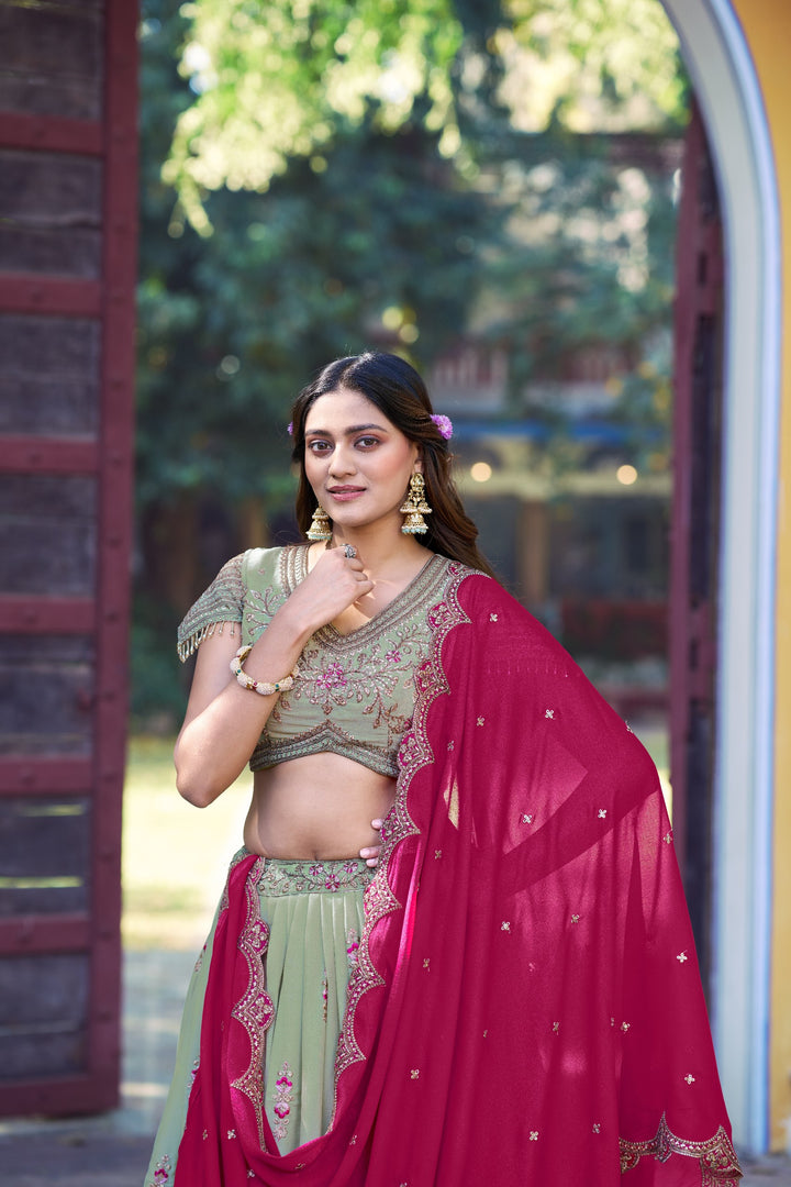 Sage Green Designer Star Georgette Lehenga Choli with Zari, Sequins & Resham Embroidery
