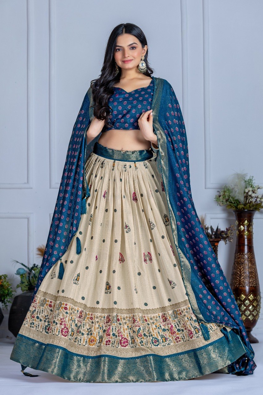 Cream & Teal Lichi Silk Jacquard Lehenga Choli with Designer Dupatta
