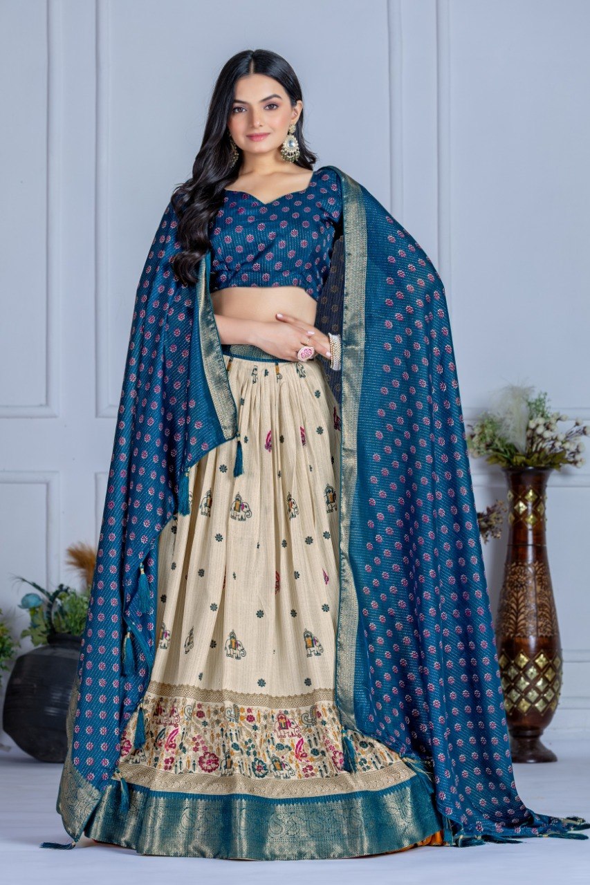 Cream & Teal Lichi Silk Jacquard Lehenga Choli with Designer Dupatta