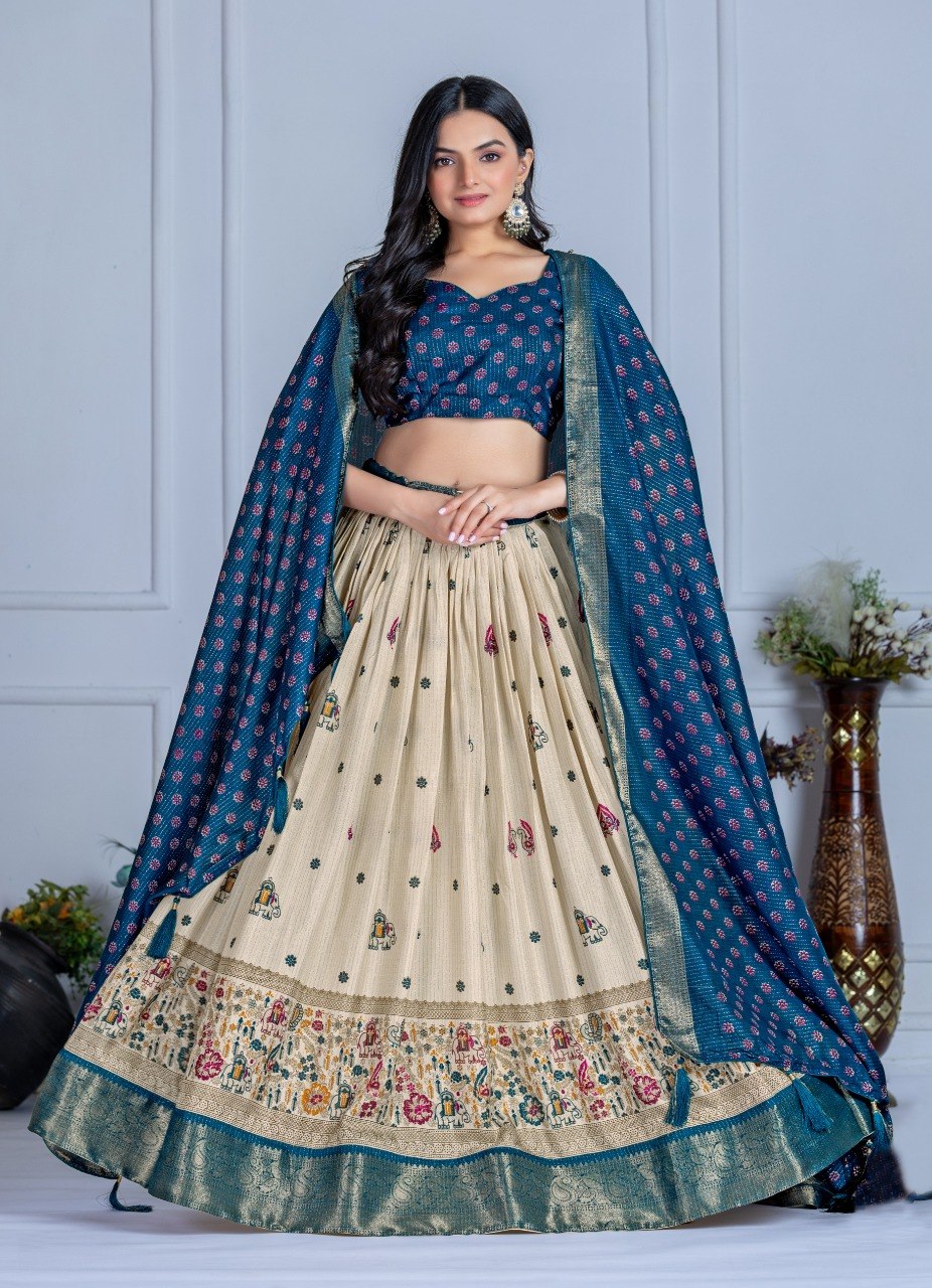 Cream & Teal Lichi Silk Jacquard Lehenga Choli with Designer Dupatta