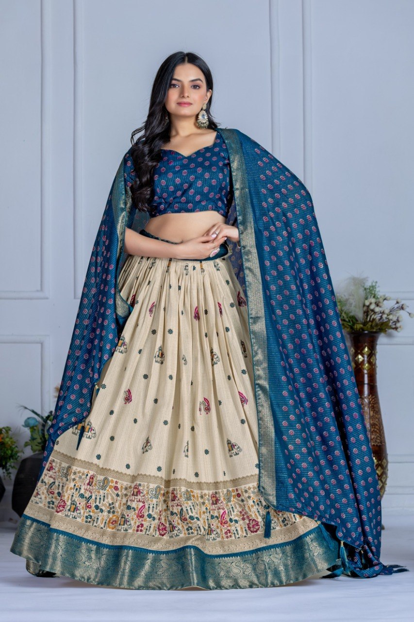 Cream & Teal Lichi Silk Jacquard Lehenga Choli with Designer Dupatta