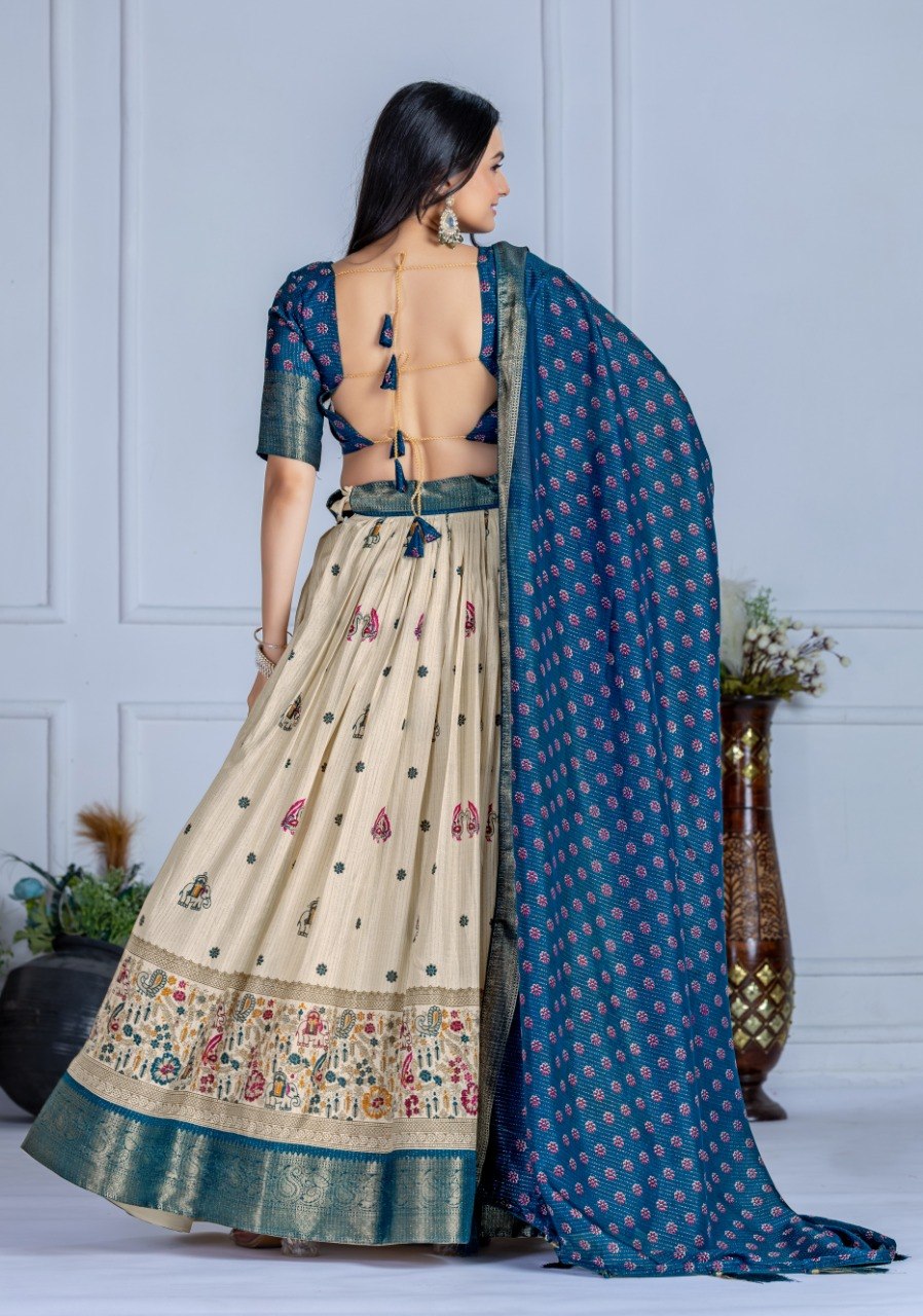 Cream & Teal Lichi Silk Jacquard Lehenga Choli with Designer Dupatta