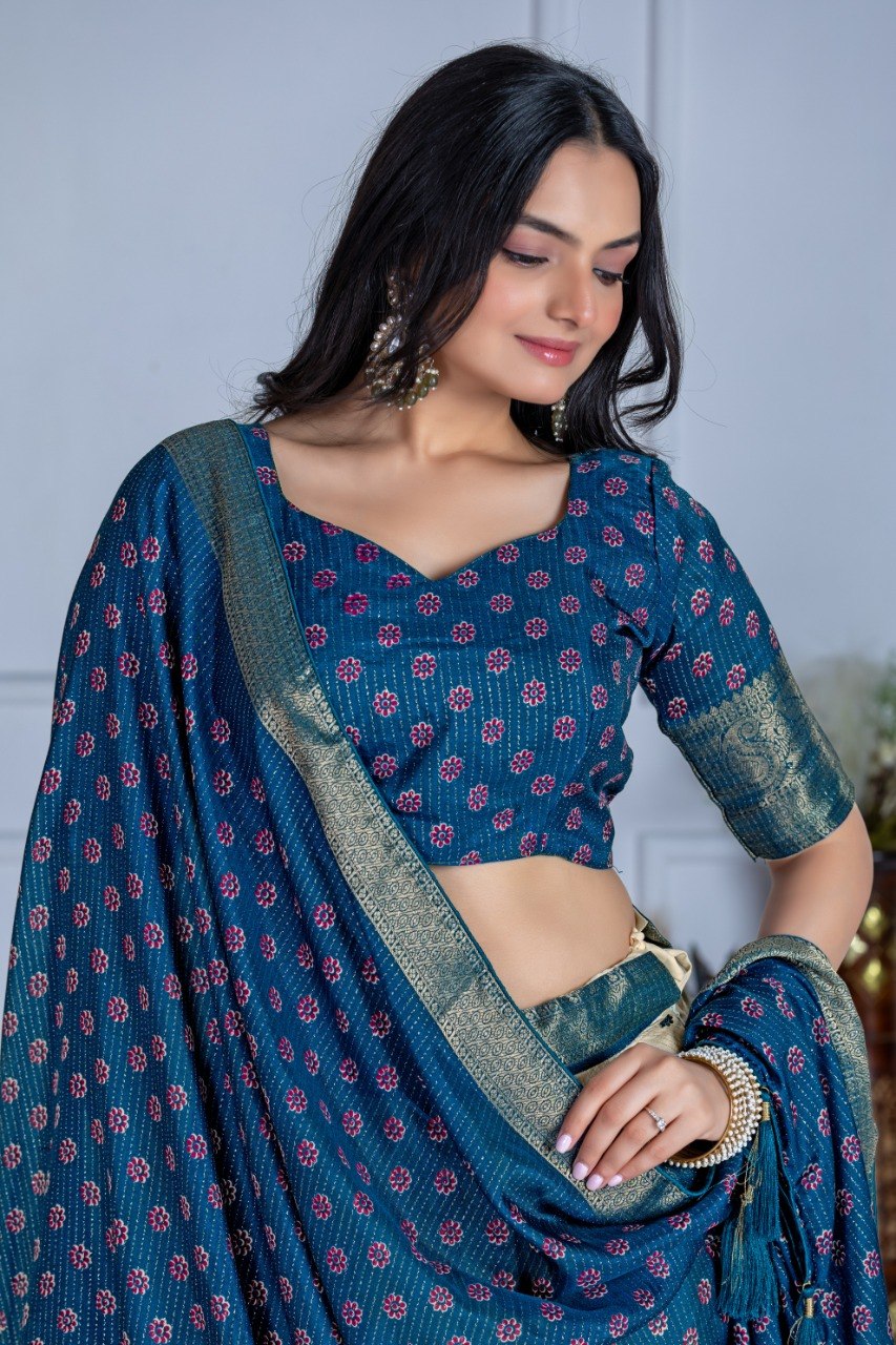 Cream & Teal Lichi Silk Jacquard Lehenga Choli with Designer Dupatta
