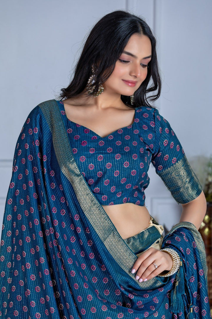 Cream & Teal Lichi Silk Jacquard Lehenga Choli with Designer Dupatta