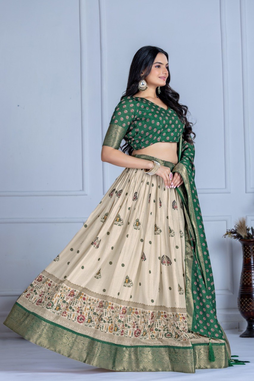 Emerald Green Lichi Silk Jacquard Lehenga Choli with Designer Dupatta