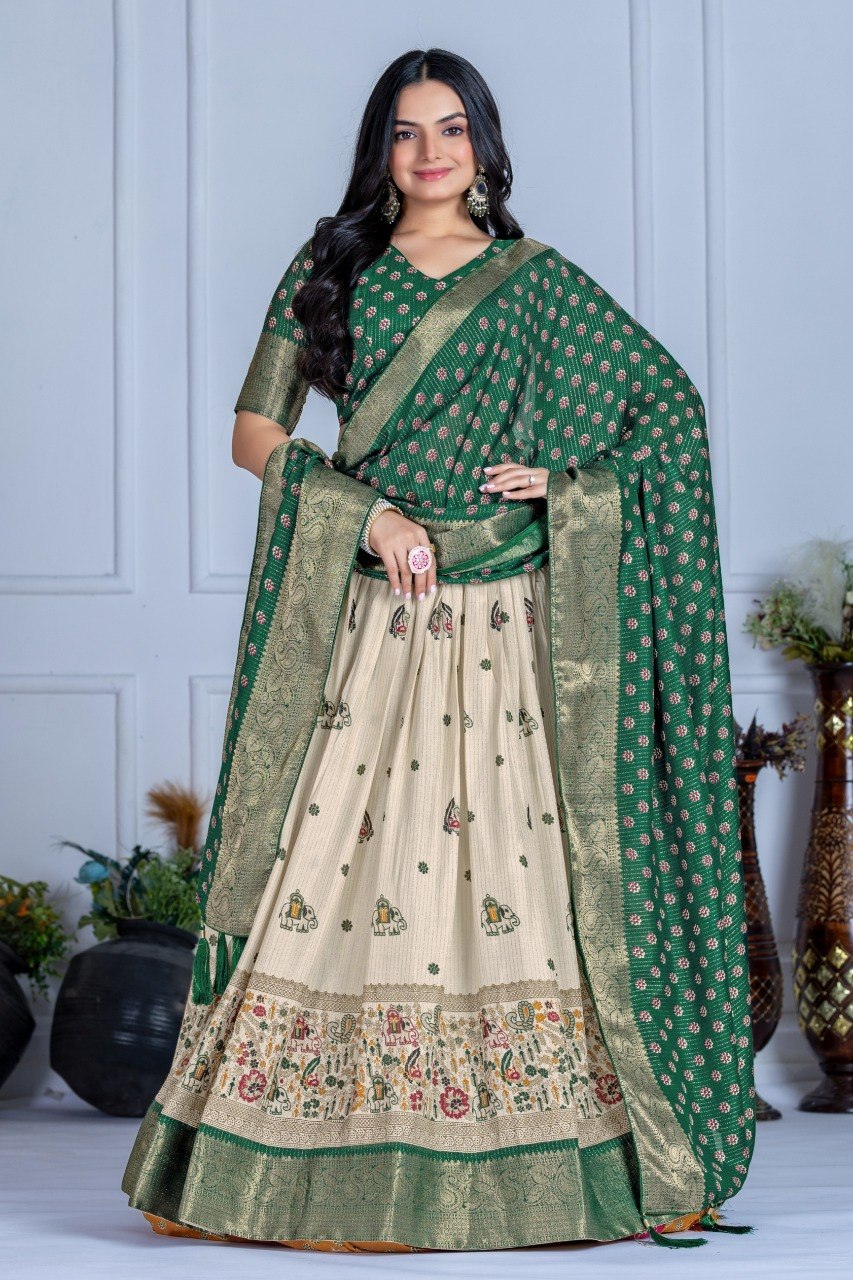 Emerald Green Lichi Silk Jacquard Lehenga Choli with Designer Dupatta