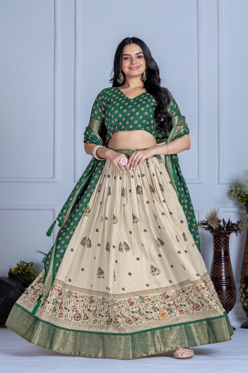 Emerald Green Lichi Silk Jacquard Lehenga Choli with Designer Dupatta