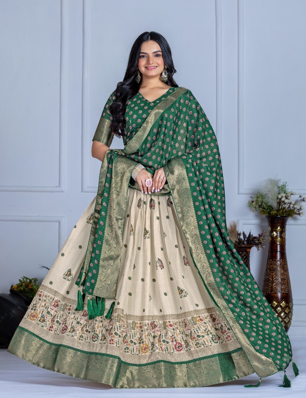 Emerald Green Lichi Silk Jacquard Lehenga Choli with Designer Dupatta