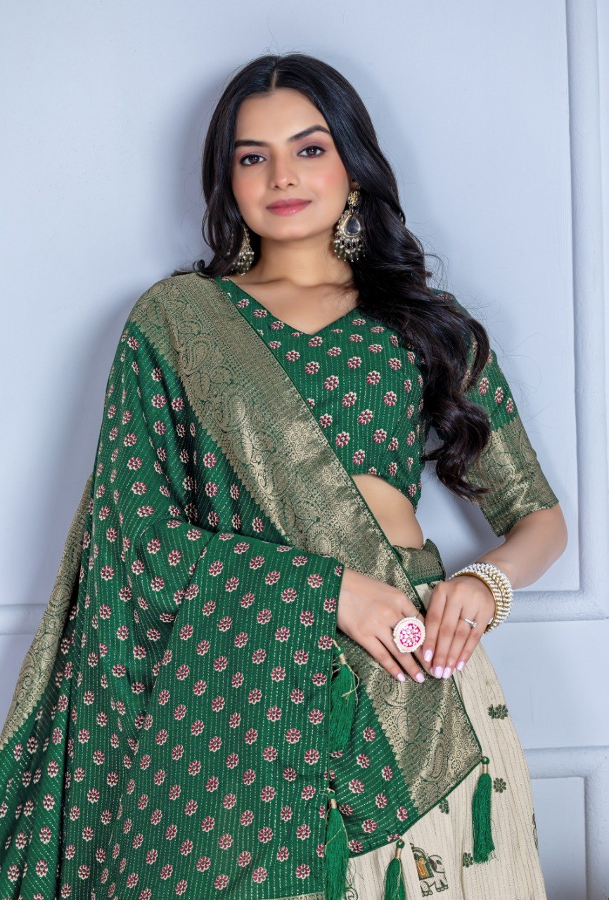 Emerald Green Lichi Silk Jacquard Lehenga Choli with Designer Dupatta