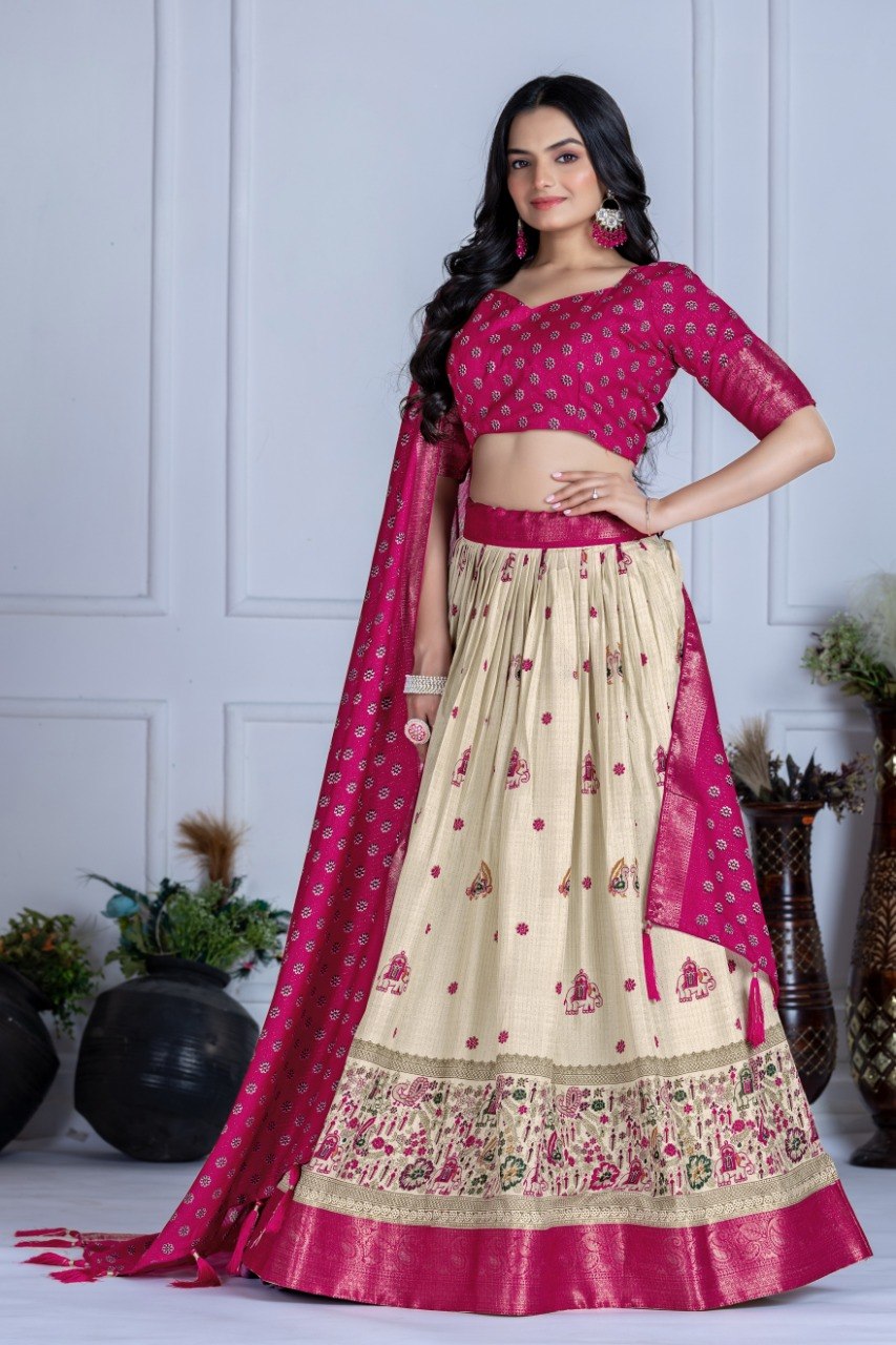 Rani Pink Lichi Silk Jacquard Lehenga Choli with Designer Dupatta