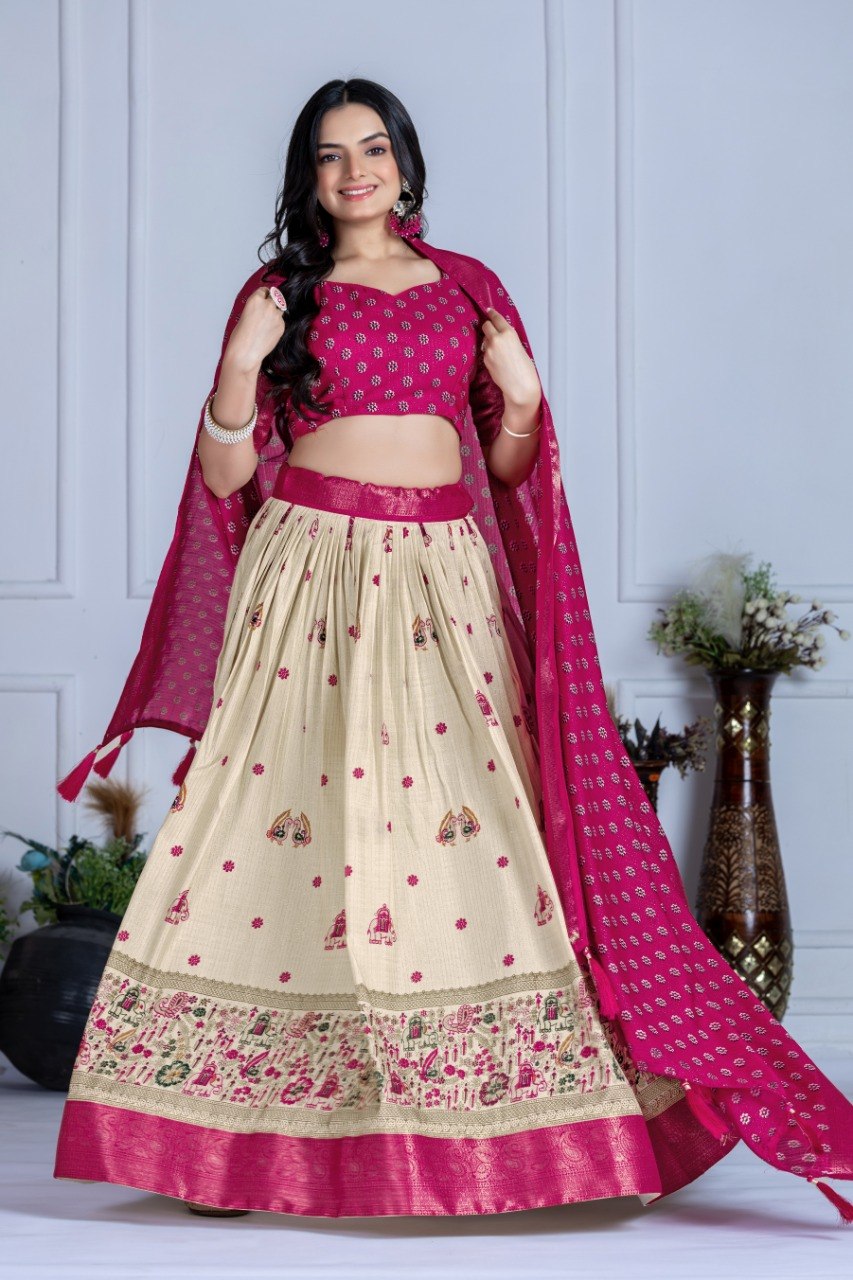 Rani Pink Lichi Silk Jacquard Lehenga Choli with Designer Dupatta