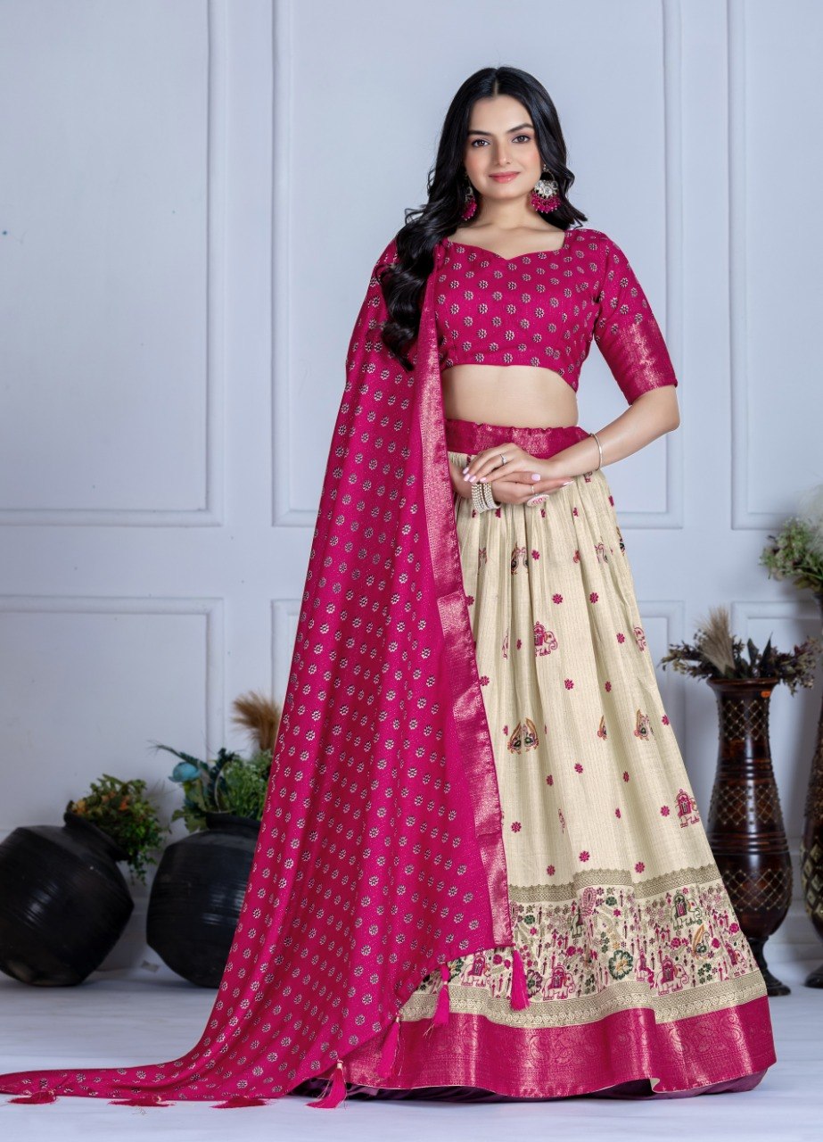 Rani Pink Lichi Silk Jacquard Lehenga Choli with Designer Dupatta