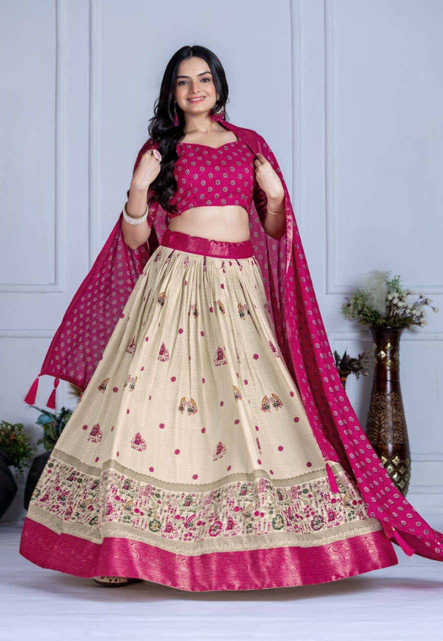 Rani Pink Lichi Silk Jacquard Lehenga Choli with Designer Dupatta