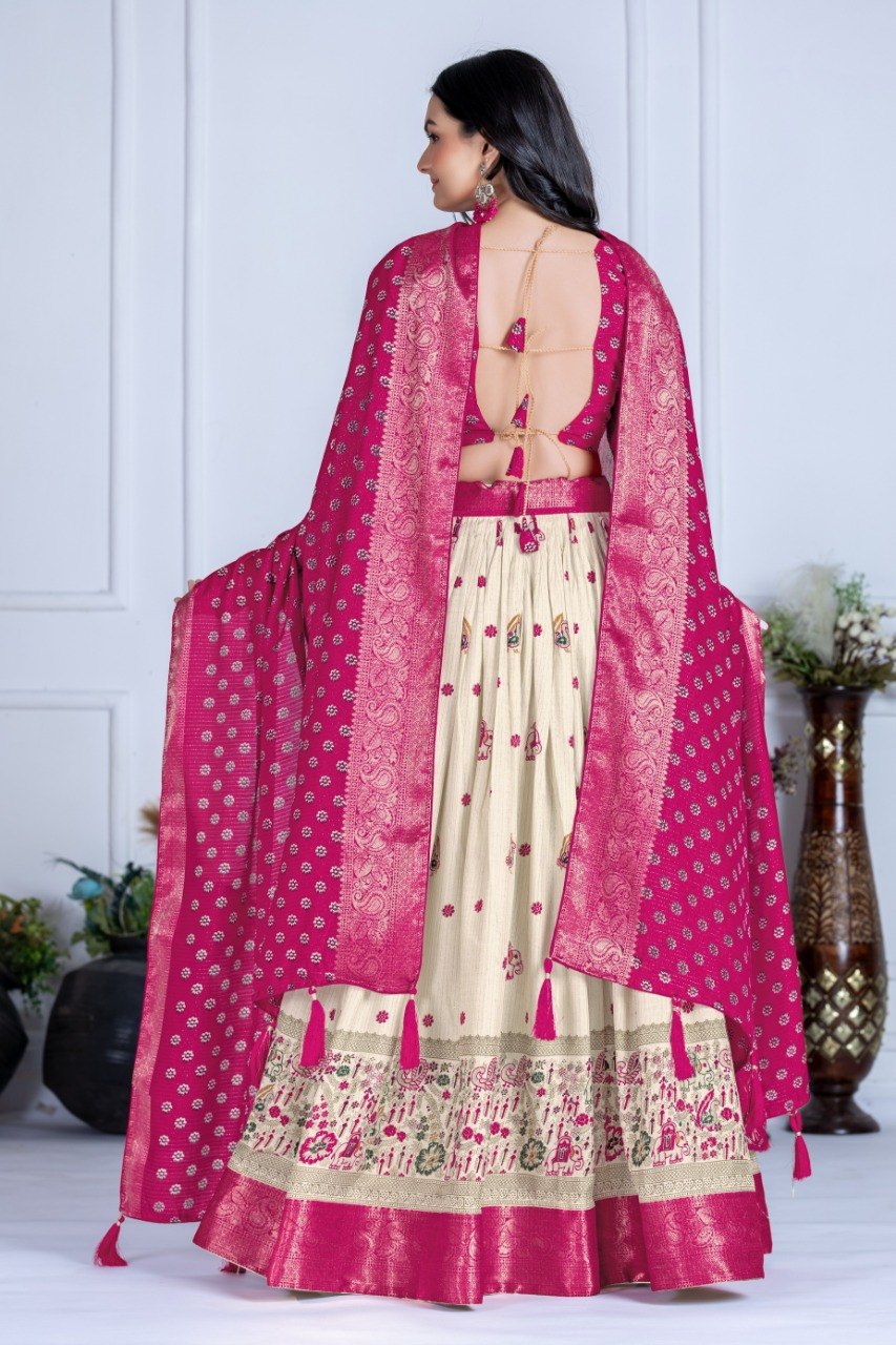 Rani Pink Lichi Silk Jacquard Lehenga Choli with Designer Dupatta