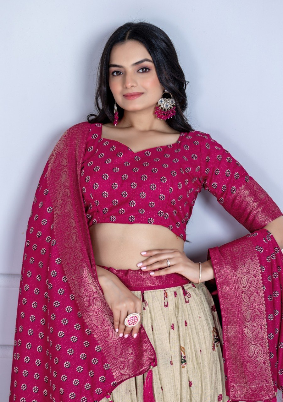 Rani Pink Lichi Silk Jacquard Lehenga Choli with Designer Dupatta