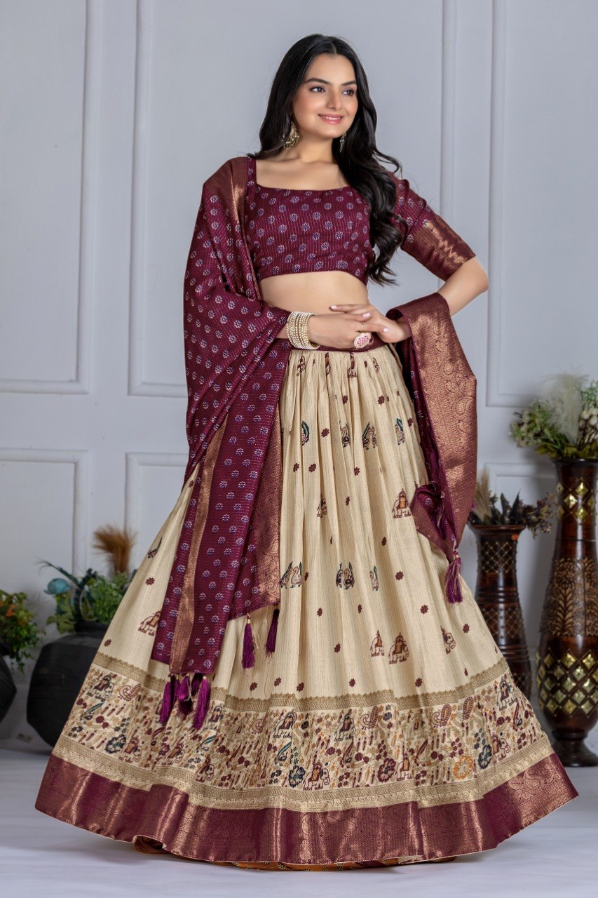 Maroon Lichi Silk Jacquard Lehenga Choli with Designer Dupatta