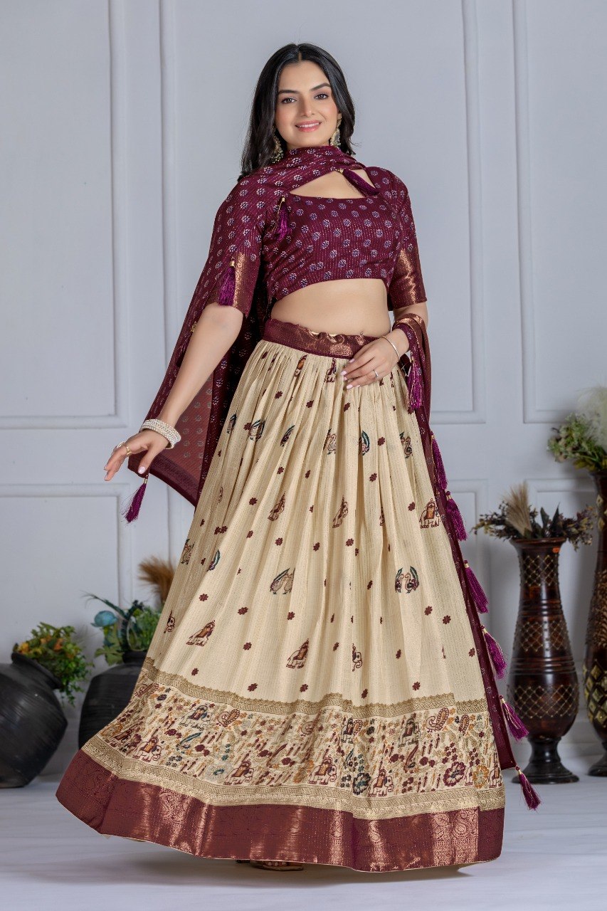 Maroon Lichi Silk Jacquard Lehenga Choli with Designer Dupatta