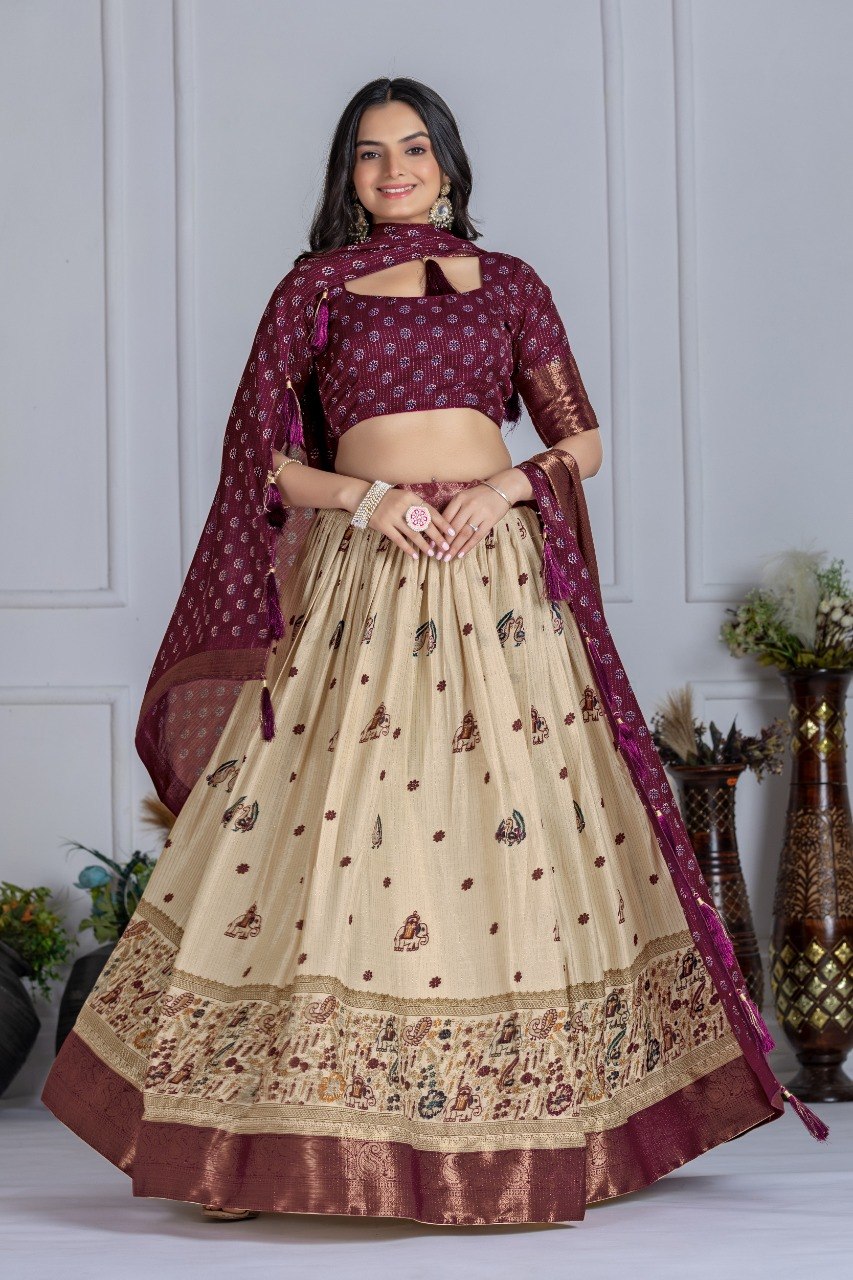 Maroon Lichi Silk Jacquard Lehenga Choli with Designer Dupatta