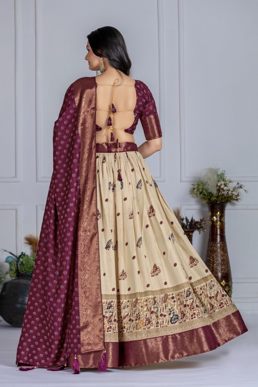 Maroon Lichi Silk Jacquard Lehenga Choli with Designer Dupatta