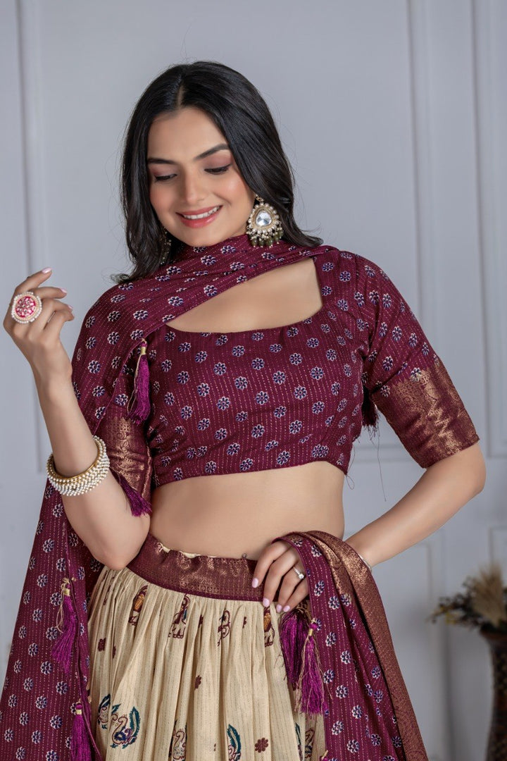 Maroon Lichi Silk Jacquard Lehenga Choli with Designer Dupatta