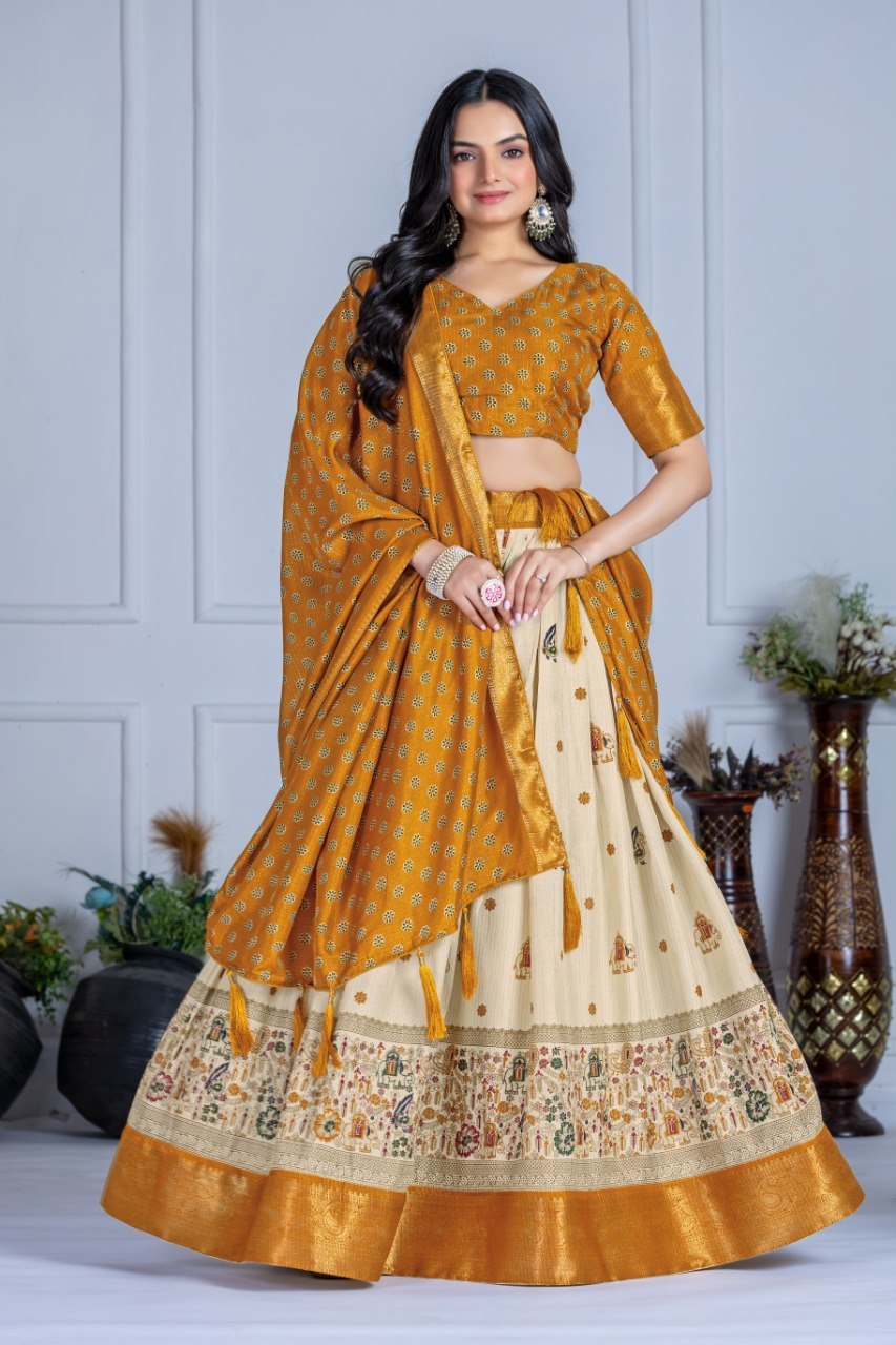 Mustard Yellow Lichi Silk Jacquard Lehenga Choli with Designer Dupatta
