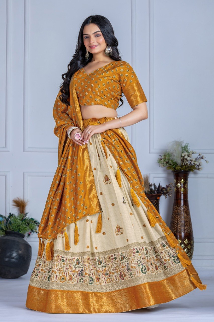 Mustard Yellow Lichi Silk Jacquard Lehenga Choli with Designer Dupatta