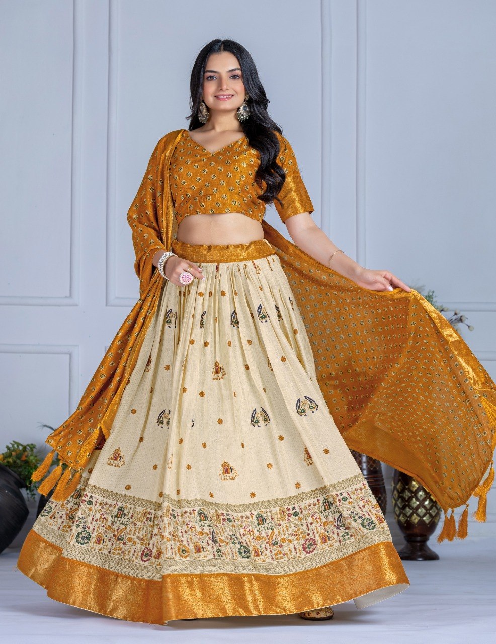 Mustard Yellow Lichi Silk Jacquard Lehenga Choli with Designer Dupatta