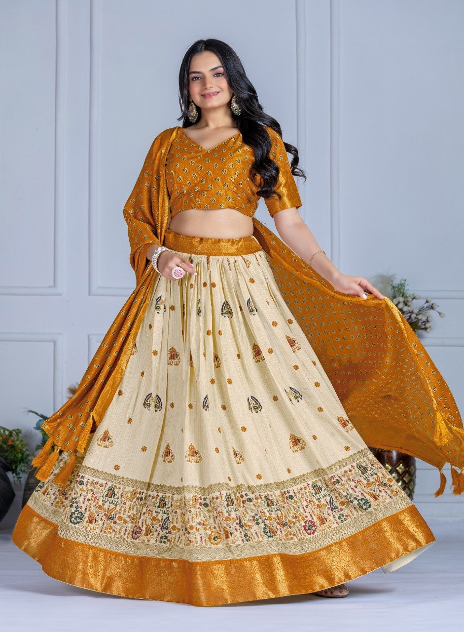 Mustard Yellow Lichi Silk Jacquard Lehenga Choli with Designer Dupatta