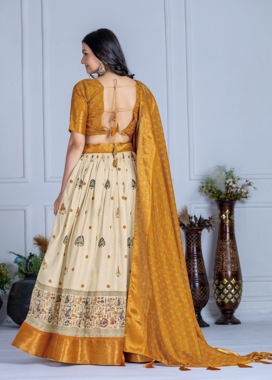 Mustard Yellow Lichi Silk Jacquard Lehenga Choli with Designer Dupatta