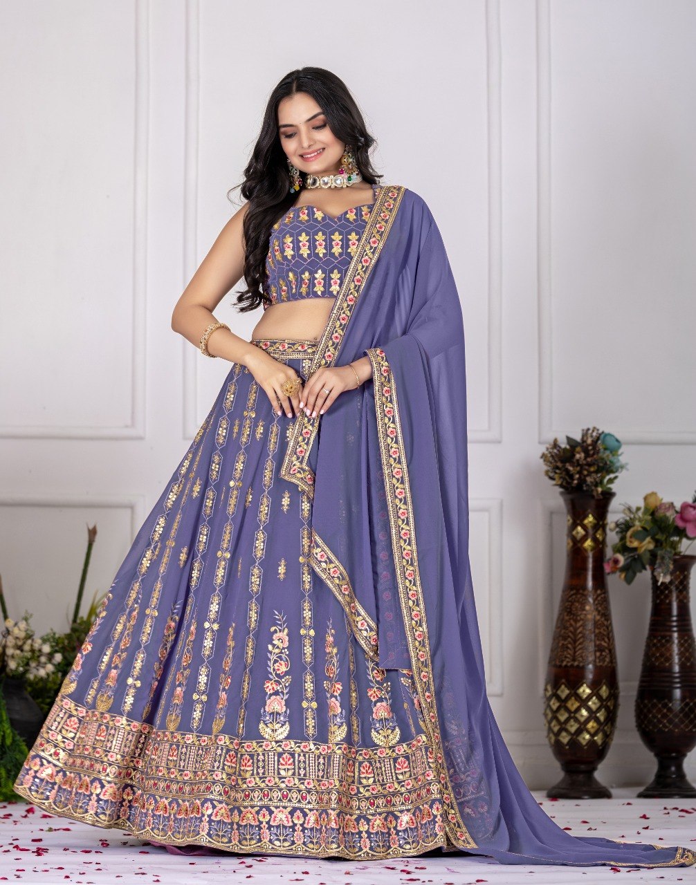 Lavender Faux Georgette Embroidered Lehenga Choli with Dupatta