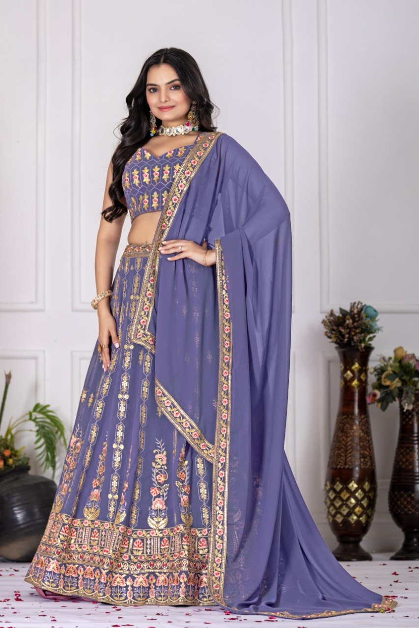 Lavender Faux Georgette Embroidered Lehenga Choli with Dupatta