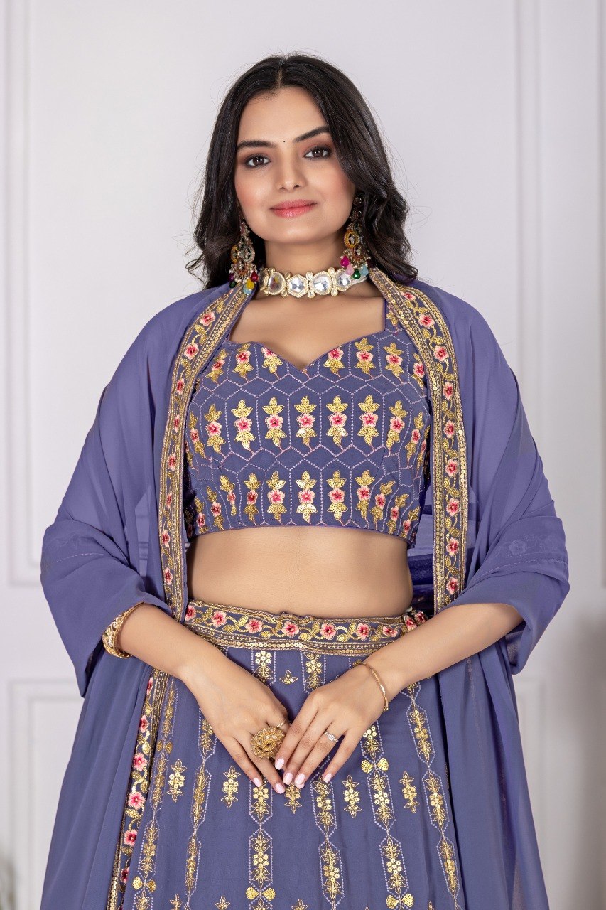 Lavender Faux Georgette Embroidered Lehenga Choli with Dupatta