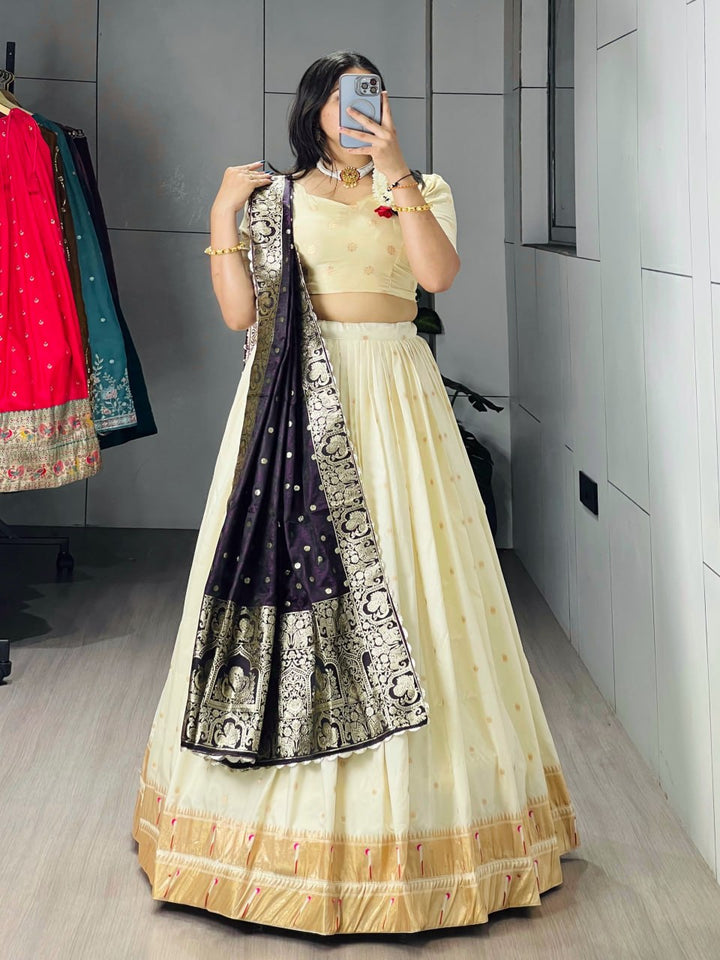 Cream Paithani Silk Lehenga Choli with Purple Paithani Zari Dupatta for Women