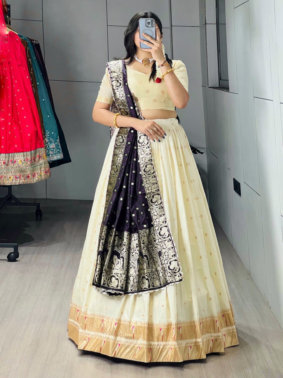 Cream Paithani Silk Lehenga Choli with Purple Paithani Zari Dupatta for Women