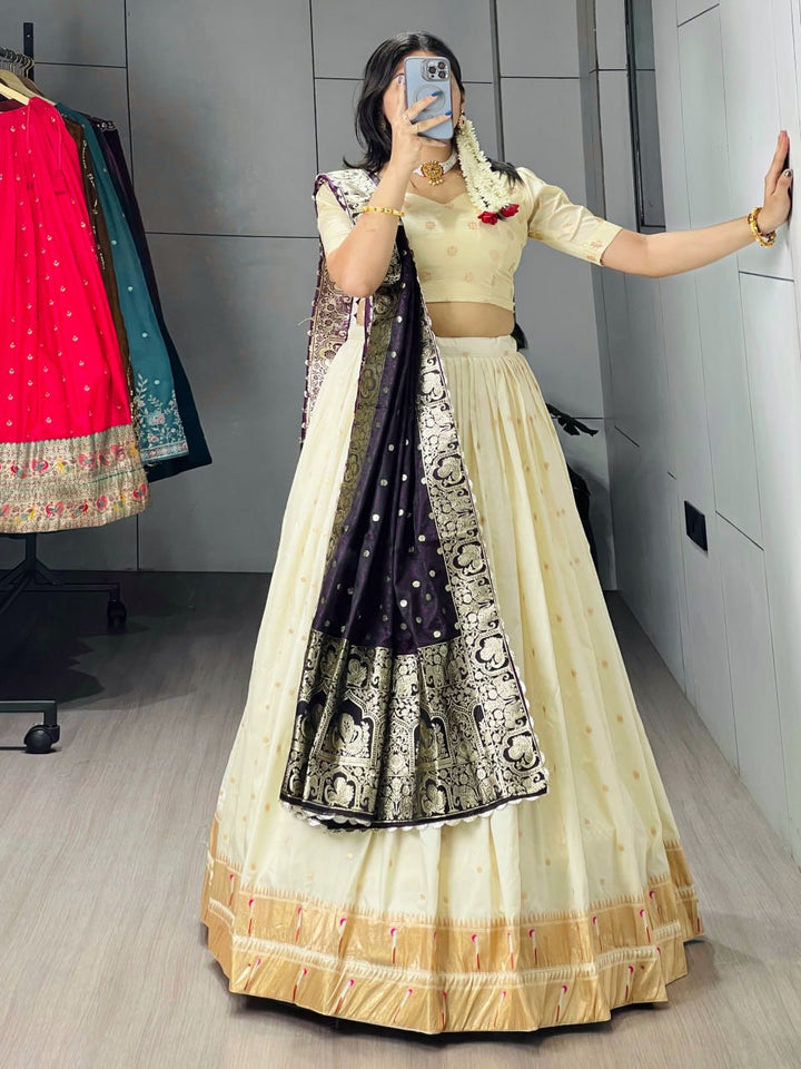 Cream Paithani Silk Lehenga Choli with Purple Paithani Zari Dupatta for Women