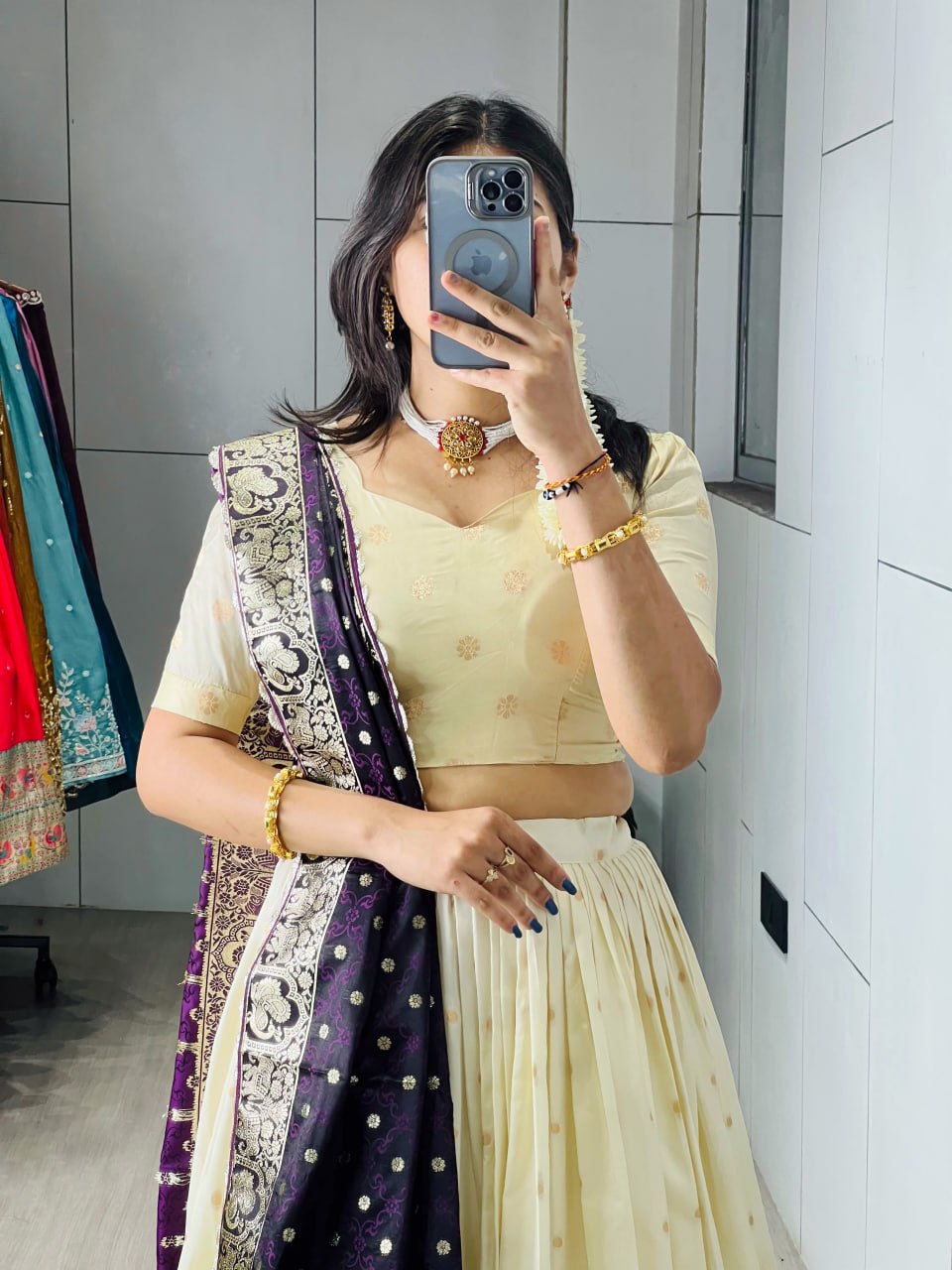 Cream Paithani Silk Lehenga Choli with Purple Paithani Zari Dupatta for Women