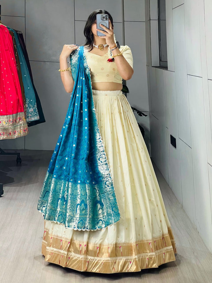 Cream Paithani Silk Lehenga Choli with Contrast Blue Zari Woven Dupatta