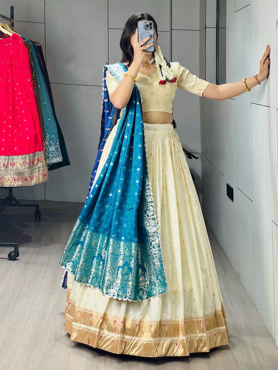 Cream Paithani Silk Lehenga Choli with Contrast Blue Zari Woven Dupatta