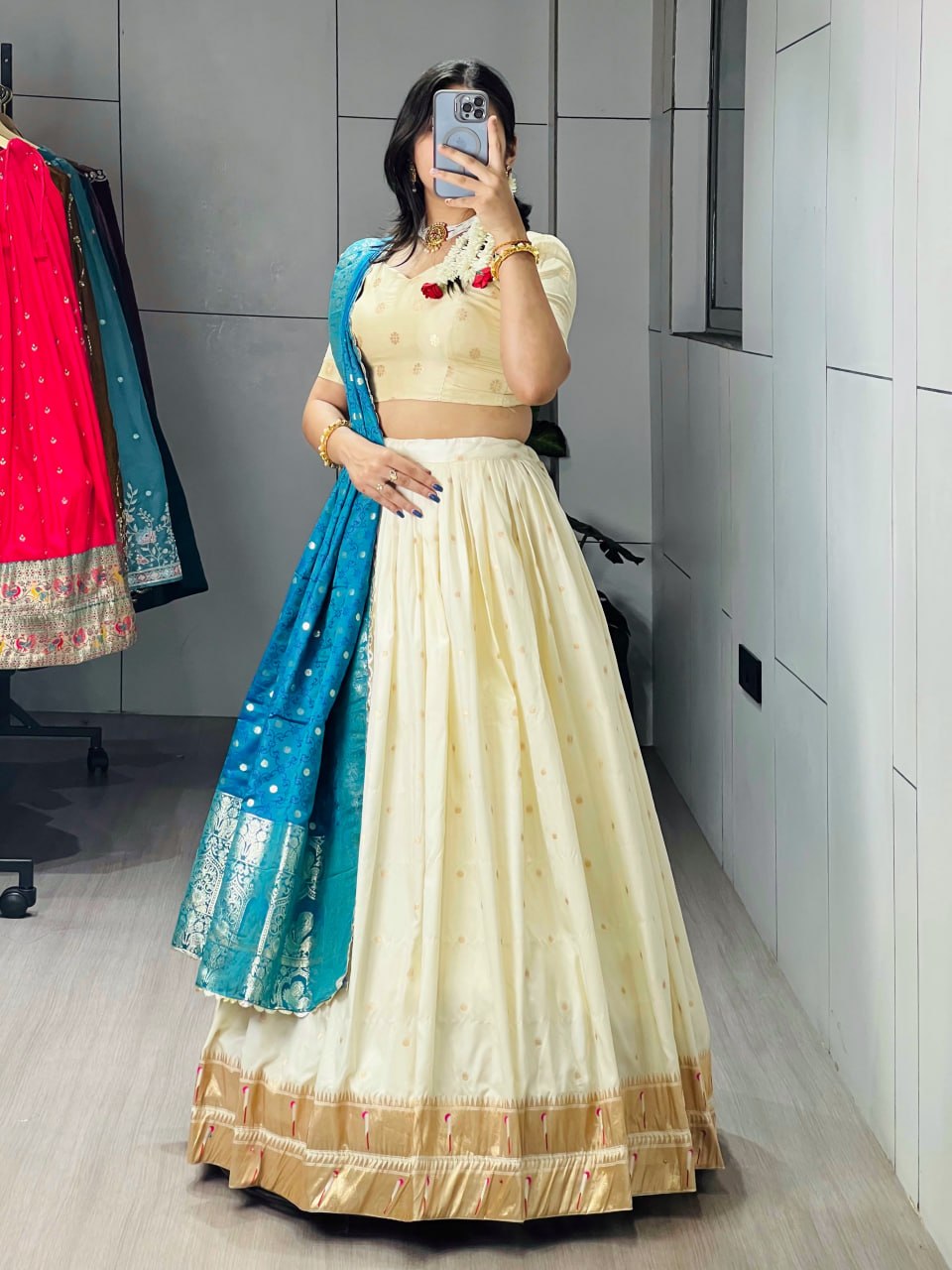 Cream Paithani Silk Lehenga Choli with Contrast Blue Zari Woven Dupatta