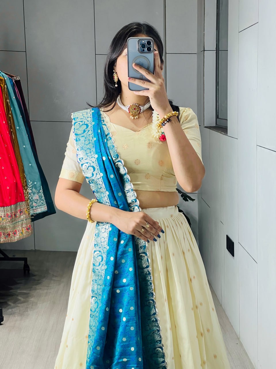 Cream Paithani Silk Lehenga Choli with Contrast Blue Zari Woven Dupatta