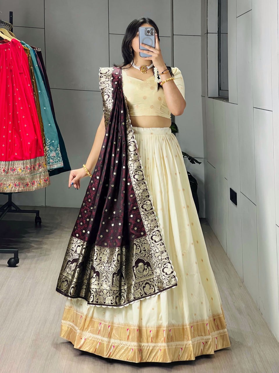 Cream Paithani Silk Lehenga Choli with Wine Paithani Zari Dupatta for Women