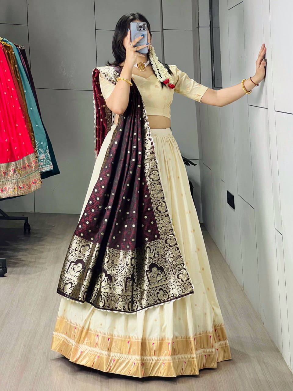 Cream Paithani Silk Lehenga Choli with Wine Paithani Zari Dupatta for Women