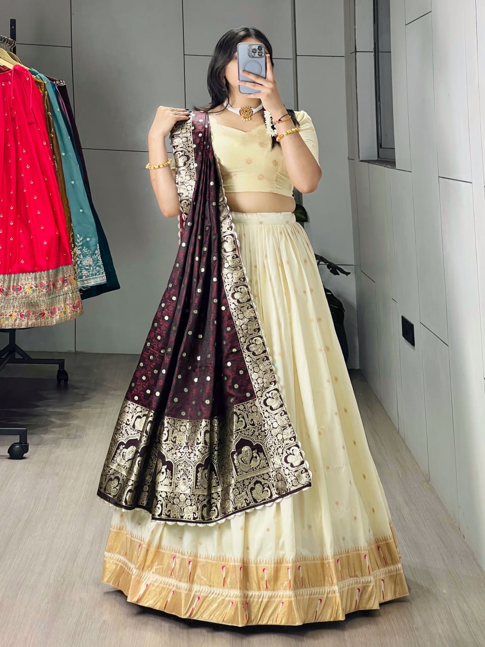 Cream Paithani Silk Lehenga Choli with Wine Paithani Zari Dupatta for Women