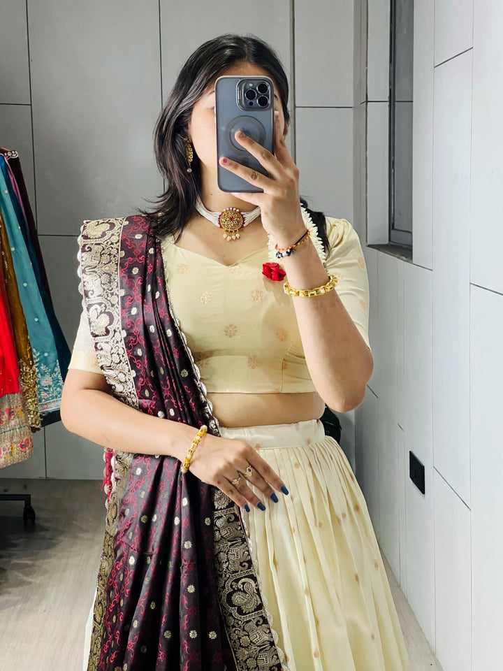 Cream Paithani Silk Lehenga Choli with Wine Paithani Zari Dupatta for Women
