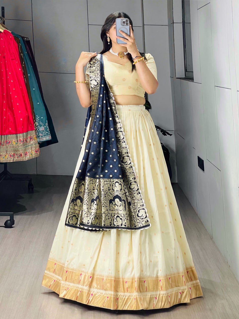 Cream Paithani Silk Lehenga Choli with Navy Blue Paithani Zari Dupatta