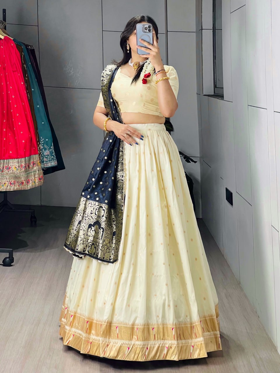 Cream Paithani Silk Lehenga Choli with Navy Blue Paithani Zari Dupatta